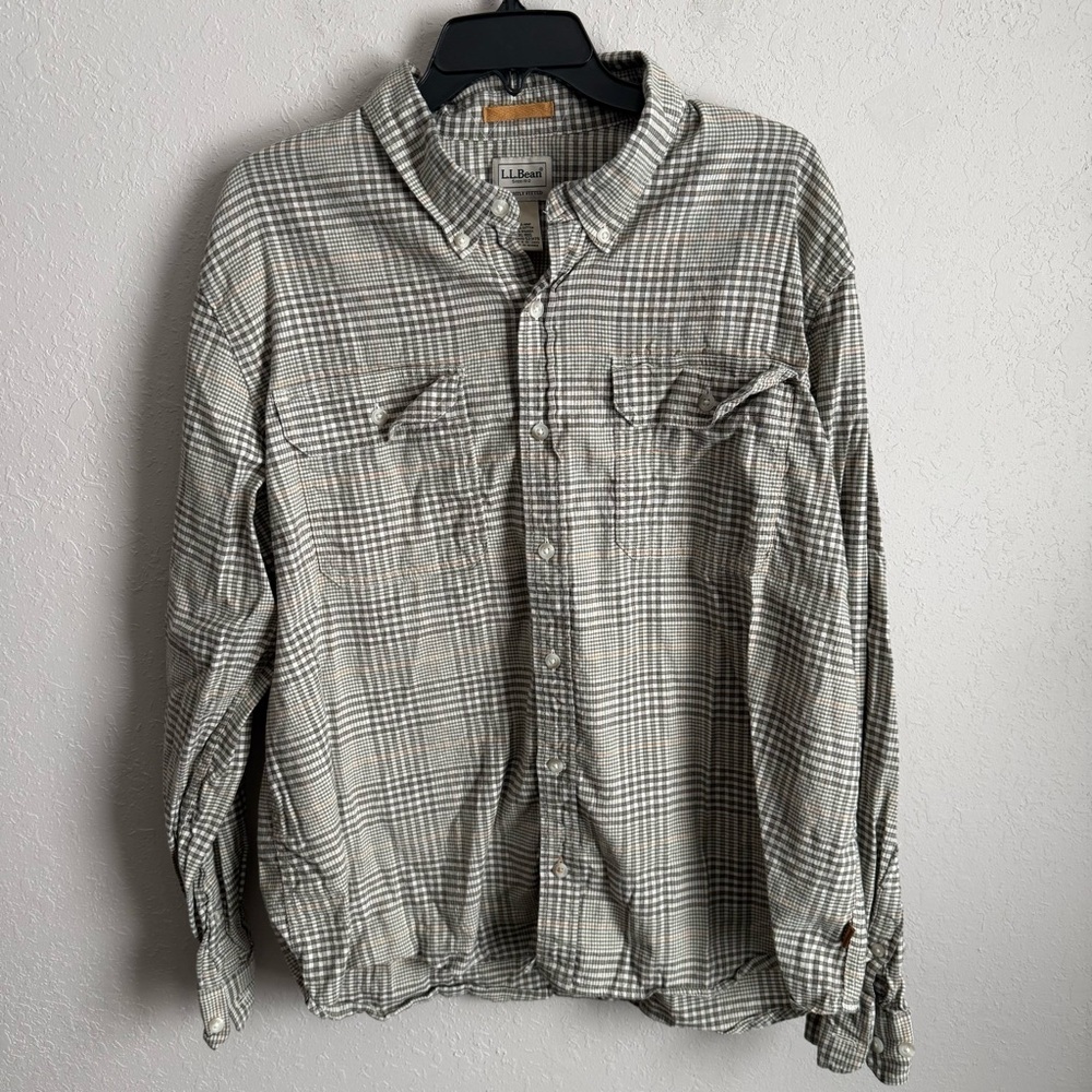 Mens XL L.L. Bean Tan and Green Microplaid Basic Casual Outdoor Button Up Shirt - Picture 1 of 5